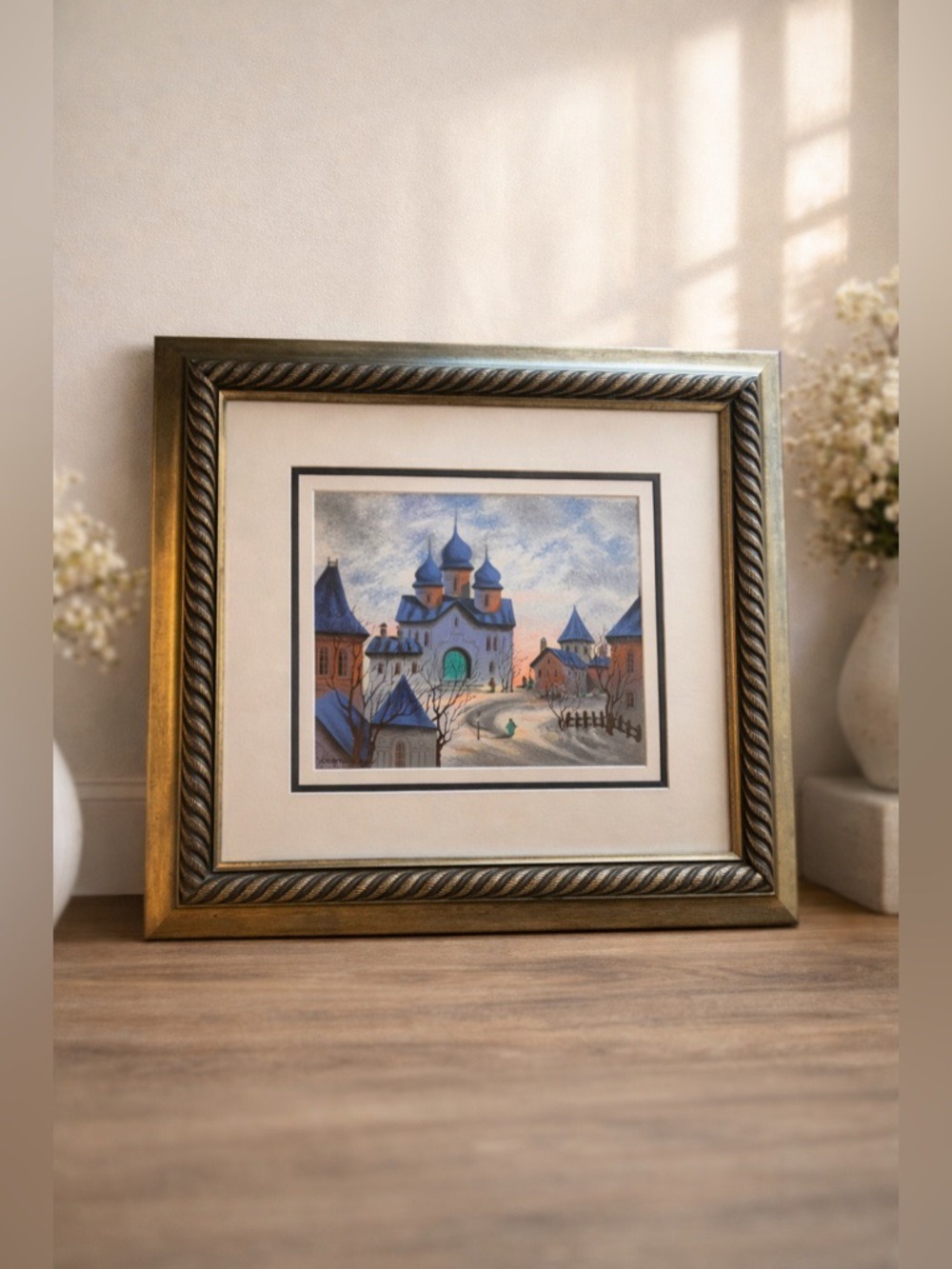 Anatole Krasnyansky – Signed Serigraph “Sunset Old Church in the Villa” Framed